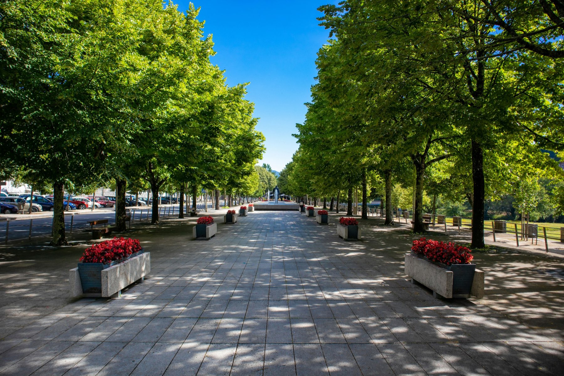 Promenade arborée et jardinières fleuries au Campo do Trasladário