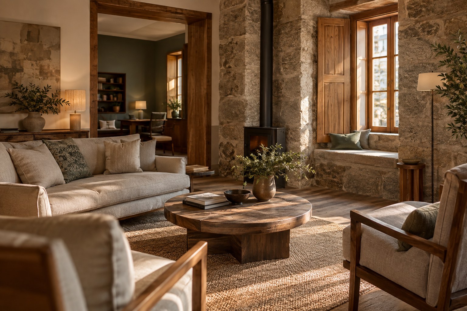 Image d'ambiance d'un salon chaleureux de maison d'hôtes aux murs de pierre